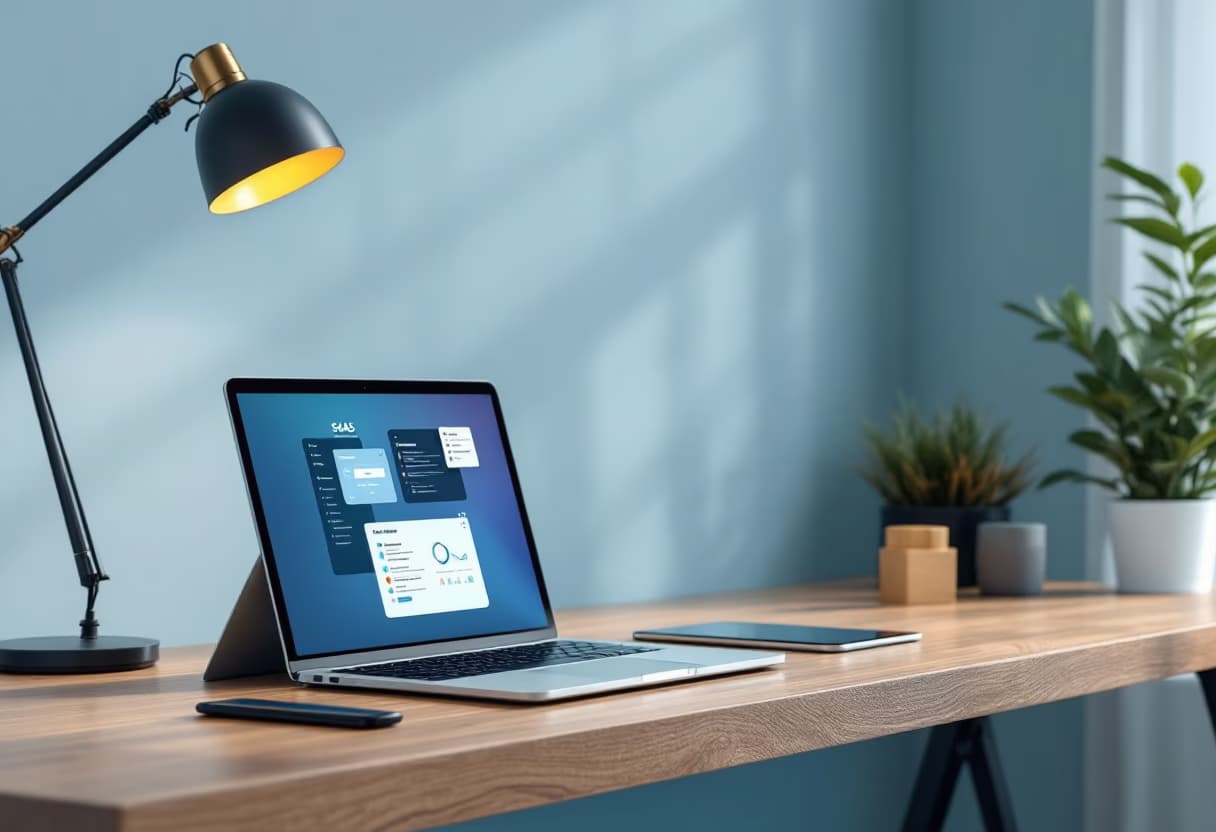 Modern office workspace with laptop and desk setup